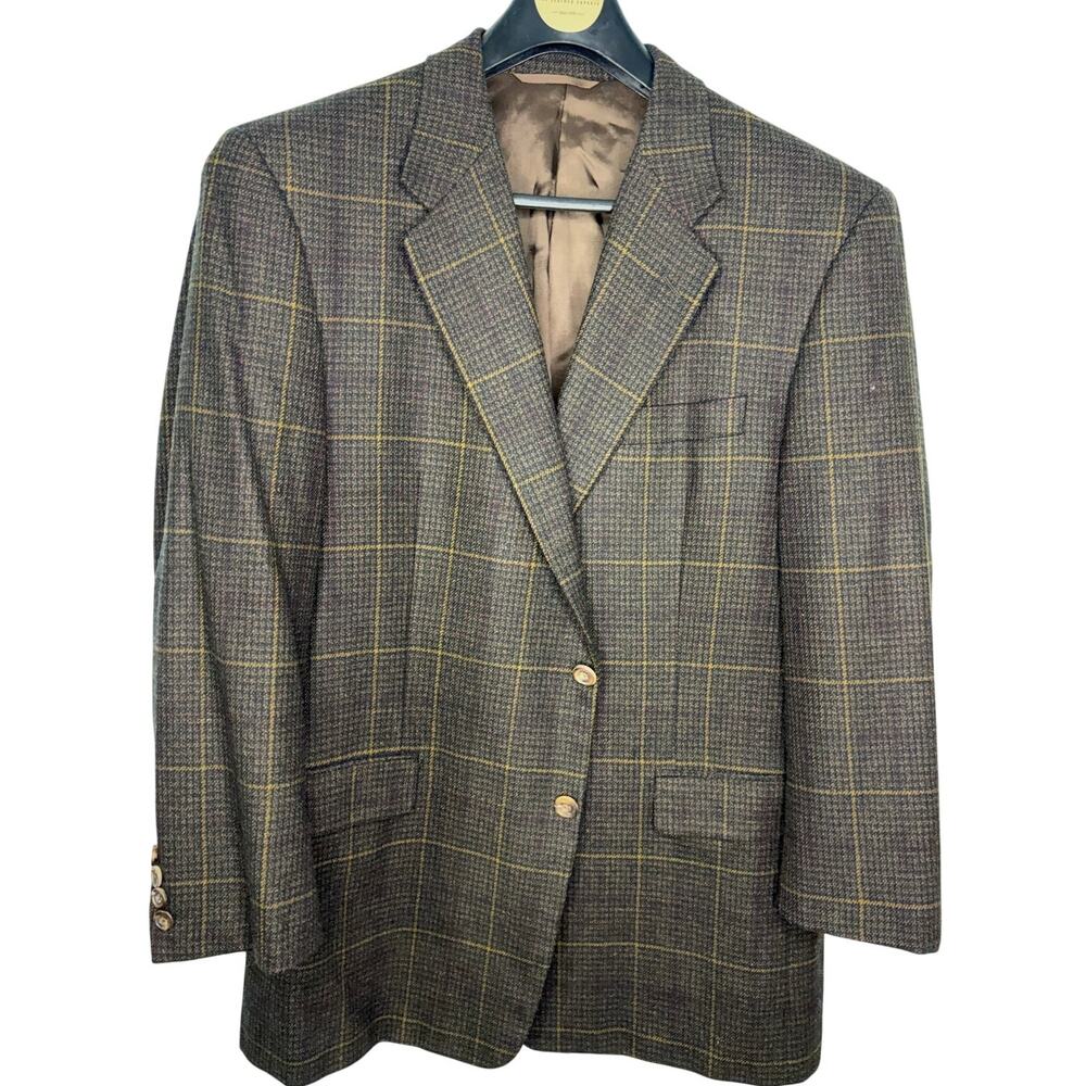 Hickey Freeman  Brown Glen Plaid Sport Coat Blazer Size 44R Wool Cashmere